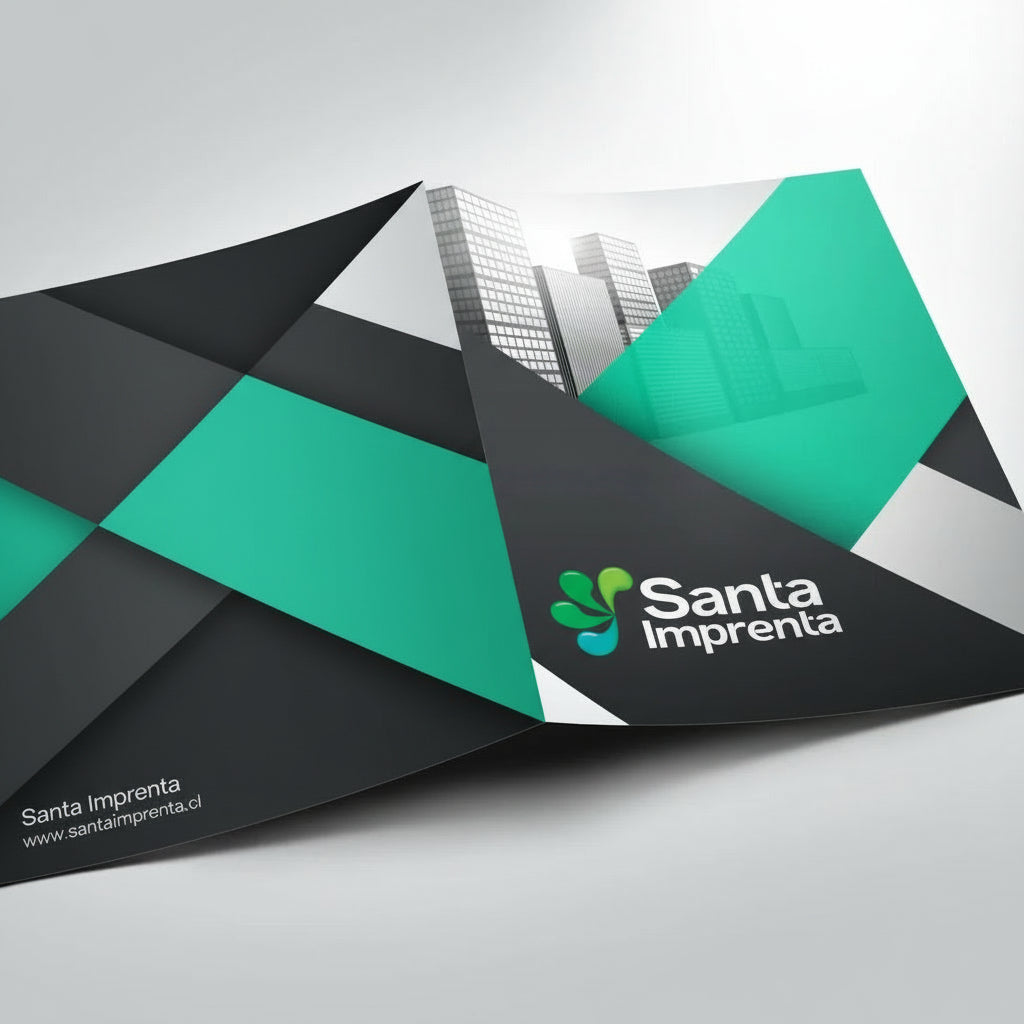 Carpetas papel couché 300 grs. 45 x 33 cms abierto, impresión Offset por 1 lado, terminación polimate o polibrillo, plizado y doblado + bolsillo.